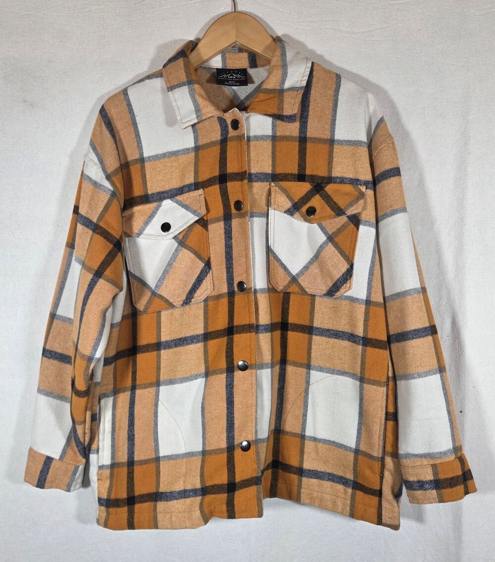 HFX Women's Plaid Flannel Shirt Jacket Shacket Relaxed Fit Mustard/ White Sz S